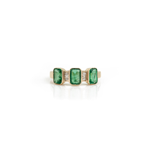 Productos de Moda, Anillo de Tres Piedras Apilables de Oro Amarillo Real de 14K con Esmeralda Natural y Diamantes, Precio de Fábrica al por Mayor - Product Image 1