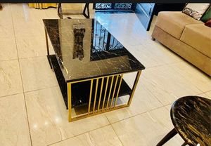 Modern White Marble Finish Coffee <b>Table</b> with <b>Gold</b> Metal Frame and Storage Shelf Rectangular Living Room Center <b>Table</b> - Product Image 2