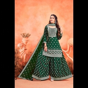 Trajes Palazzo estéticos indios bordados para mujer con diseño de dobladillo y Dupatta - Product Image 1