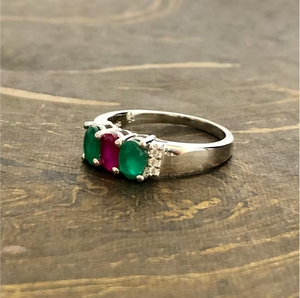 High Quality Real 925 Sterling <b>Silver</b> <b>Ring</b> Polished Three Stone Ruby <b>Emerald</b> Promise Dainty Band Jewelry - Product Image 2