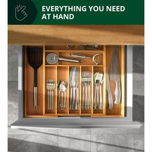 Organisateur de tiroir de cuisine en bambou de luxe à 9 compartiments, porte-couverts et ustensiles avec plateau à couverts, séparateurs de tiroir à couverts élégants - Product Image 5