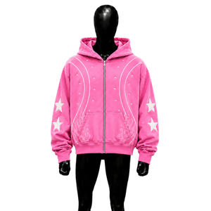 Sweat à capuche rose oversize zippé de qualité supérieure, style streetwear, avec motif graphique tendance étoile, de luxe, pour le quotidien, en coton premium - Product Image 1