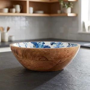 Tazón de Madera de Mango Hecho a Mano con Diseño Floral Azul Esmaltado, Tazón Decorativo de Madera para Servir con Interior Blanco, Estilo Rústico para Cocina - Product Image 4