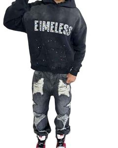 Vêtements pour hommes, streetwear, hip-hop, sweat à capuche en strass, lavage à l'acide, sweat à capuche surdimensionné personnalisé, délavé au soleil - Product Image 1