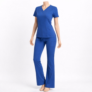 2026 Trendy Women Light Blue <b>Scrub</b> Set V-Neck Top Pants Medical <b>Uniform</b> Hospital Wear Cotton Polyester Woven Fabric - Product Image 4