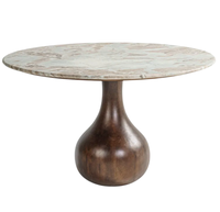 Table de salle à manger ronde en marbre exotique avec base en bois de manguier massif, finition grain naturel, pour entrée, couloir, salle à manger, cuisine