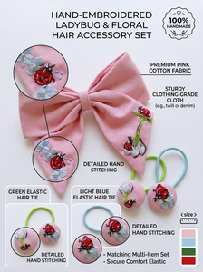 Elegante Juego de Lazos para el Cabello de Niñas con Tela Bordada Rosa y Diseño Floral de Mariquita, Lazos para el Cabello para Niñas - Product Image 6