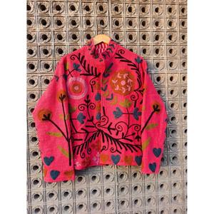 Cárdigan de punto rosa bordado estilo bohemio para mujer, suéter oversize floral hecho a mano - Product Image 1
