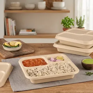 Contenant alimentaire moderne en pulpe moulée avec couvercle, barquette jetable biodégradable de qualité supérieure pour repas de restaurant et plats à emporter - Product Image 2