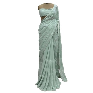 Tela Georgette de gasa pesada con todo el trabajo de secuencia y Sari de borde de encaje de diseñador Pari para mujer - Product Image 1