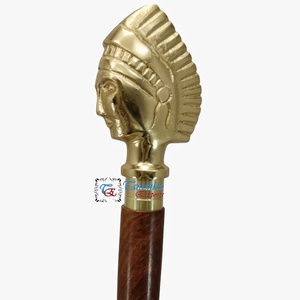 Bastón de Madera Plegable de 3 Secciones con Mango Metálico con Diseño de Cabeza Tribal, Acabado Dorado, Estilo Náutico Victoriano, Regalo de Año Nuevo Hecho a Mano - Product Image 1