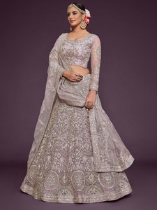 Embroidered Woven <b>Net</b> Lehenga Choli Set Long <b>Top</b> A-Line Traditional Women Outfit Wedding Party Dress - Product Image 5