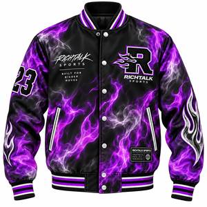 Veste varsity pour homme à imprimé flamme, en PU, col rabattu, fermeture à boutons, streetwear, vêtements d'automne - Product Image 6