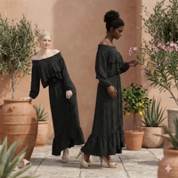 Robe longue noire à pois pour femme, épaules dénudées, manches longues, taille smockée à volants, fluide, idéale pour les vacances