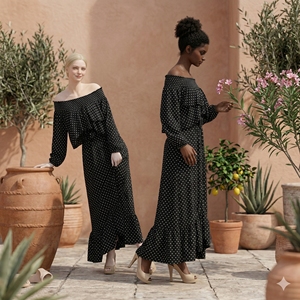 <span class=keywords><strong>Vestido</strong></span> largo negro con <span class=keywords><strong>lunares</strong></span> y hombros descubiertos para mujer, <span class=keywords><strong>vestido</strong></span> largo fluido con volantes y cintura fruncida de manga larga para vacaciones - Product Image 3