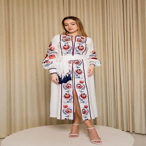 Classy Embroidered Eco-Friendly <b>Long</b> Sleeve Casual <b>Dress</b> Vintage <b>Boho</b> O-Neck Ruffle Hem Midi Loose Fit Spring Summer Wear - Product Image 3