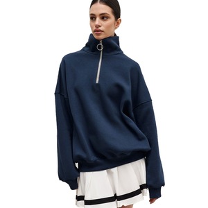 Women’s <b>Navy</b> Blue Quarter Zip Pullover Sweatshirt High Neck Long Sleeve Casual Oversize Street wear Fleece <b>Top</b> Custom Apparel - Product Image 6