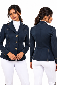 Chaqueta de Equitación Azul Marino para Mujer con Botones Dorados y Adornos de Cristal, Chaqueta de Competición de Equitación - Product Image 6