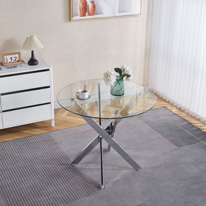 Tavolo da pranzo moderno salvaspazio con piano in vetro temperato e gambe in metallo cromato incrociato per cucina o soggiorno - Product Image 2