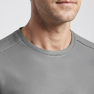 Camiseta de Manga Larga para Hombre, de Color Sólido, en Cuero PU, Cuello Redondo, Elástica, Estilo Casual, con Aspecto de Cuero, para Uso Diario - Product Image 4