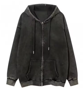 Unisex Black Hooded <b>Zip</b>-Up <b>Sweatshirt</b> <b>Full</b> Sleeve Solid Color Casual Loose Fit Cotton Pullover With Side Pockets Autumn Wear - Product Image 1