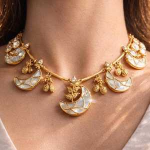 Collier ras-de-cou en laiton plaqué or avec perles Kundan et perles de nacre, ensemble de bijoux inspiré de Sabyasachi, classique pour mariage et mariée - Product Image 4