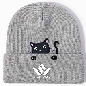 Gorro de Punto SPARKWELL Gris con Gato Bordado, Unisex para Adultos, 100% Acrílico, Diseño de Dibujos Animados, Cálido para Invierno - Product Image 1