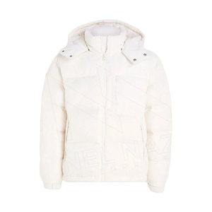 Men's <b>White</b> Hooded Puffer <b>Jacket</b> Stand Collar Zipper <b>Waterproof</b> Front Logo Windproof Winter Casual Coat - Product Image 1