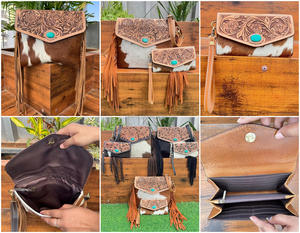 Nouvelle arrivée 2025 à la mode usiné à la main en cuir de vachette frange bandoulière sac à main et porte-cartes pochette 2 pièces Combo ensemble pour les femmes - Product Image 3