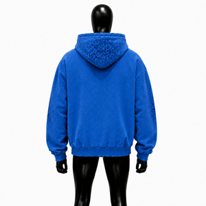 Sweat à capuche bleu oversize délavé avec broderie étoile multicolore, motif léopard ton sur ton, style streetwear vintage - Product Image 2
