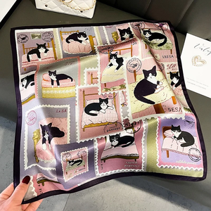 Foulard carré 100 % soie de mûrier pour femme, imprimé animaux de dessin animé, durable, doux pour la peau, bandeau tendance - Product Image 1