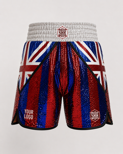Shorts de boxe unisexes professionnels en satin vert métallisé 160g, impression numérique, logo frontal, séchage rapide, strass - Product Image 4