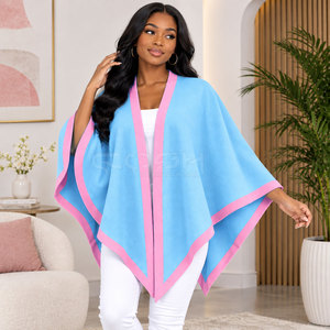 Cosh International Sorority Sisterhood Light Blue <b>Poncho</b> With Pink Trim V Neck Batwing Sleeve Casual Sweater Cape Shawl Wool - Product Image 4