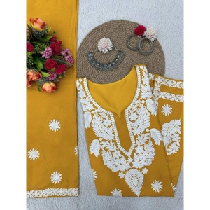 PUNTADA DE RAYÓN PESADO ATRACTIVA TRABAJO KURTI CON PALAZZO AMARILLO - Product Image 3