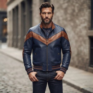 Blouson aviateur en cuir bleu marine pour homme avec col montant et empiècements marron, fermeture éclair, style moto, idéal pour l'automne - Product Image 2