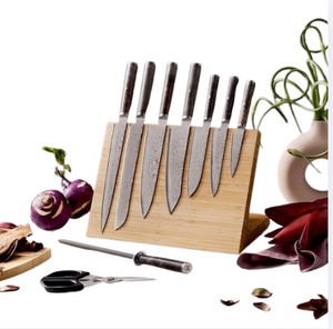 Ensemble de couteaux de cuisine à manche marron avec lames à motifs argentés, support de présentation marron clair, ciseaux et aiguiseur pour la préparation des aliments - Product Image 6