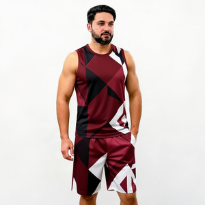 Conjunto de camiseta sin mangas y pantalones cortos con estampado geométrico para hombre, sublimado, de poliéster tejido, deportivo, para verano, con cuello redondo. - Product Image 2