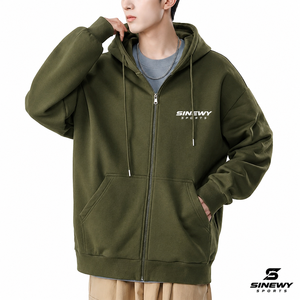 Sudadera con Capucha Verde Oliva para Hombre, Cierre de Cremallera, Corte Regular, Informal, Tejida, con Logotipo Estampado en la Parte Delantera, 100% Algodón, para Invierno, Marca SINEWY SPORTS - Product Image 1