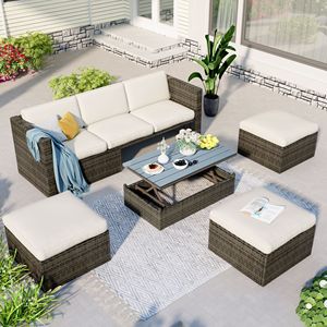 Set di Mobili da Giardino in 5 Pezzi con Divano in Vimini a Schienale Regolabile, Pouf e Tavolino da Caffè con Piano Sollevabile per Intrattenimento all'Aperto - Product Image 1