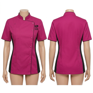 Women <b>Chef</b> Uniform 200 GSM Premium Poly Cotton <b>White</b> Black Piping Short Sleeve Custom Embroidery Printed Logo Kitchen Wear Set - Product Image 6