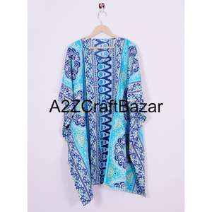 Kaftán Corto Hecho a Mano en India con Estampado Floral, Ecológico, Lavable, Ropa de Dormir Natural, Kimono, Vestido, Cubrebaño Corto para la Playa - Product Image 4