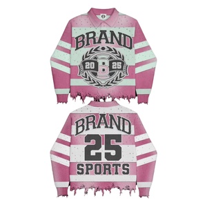 Custom Brand Oversized Knitted Pullover Pink Mint Striped <b>Fringe</b> Sporty Design Unisex Autumn Wear Regular Fit Button - Product Image 1