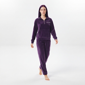 Ensemble de survêtement en velours pour femme, deux pièces, violet, avec pull à quart de zip et pantalon large, tenue décontractée d'hiver - Product Image 3