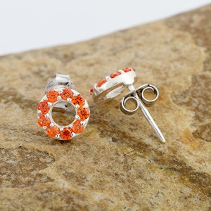 Classic S925 Sterling Silver Circle Shape Fine <b>Stud</b> <b>Earrings</b> With Orange <b>Crystal</b> Carnelian Rhinestones For Women's Everyday Wear - Product Image 2