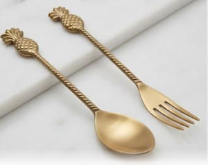 <b>Gold</b> Plated Pineapple Handle Serving Spoon and Fork Set Vintage Design <b>Long</b> Handle <b>Mirror</b> Polish Party Cutlery - Product Image 2