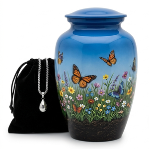Urna Funeraria de Aluminio Azul con Diseño de Mariposa y Flores, Recipiente para Cenizas, Urna Conmemorativa para Entierro de Adultos - Product Image 1