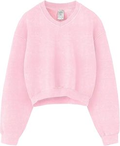 เสื้อสเวตเชิ้ตคอวีแบบครอปสำหรับผู้หญิง สไตล์วินเทจ ลุคทำสีซีดแบบแอซิดวอช ผ้าฟลีซหนา 100% คอตตอน เสื้อสเวตเชิ้ตสตรีทแวร์เนื้อหนัก - Product Image 1