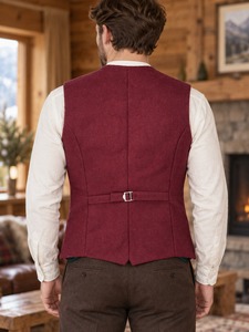 Gilet formel en laine pour homme, col en V, vert olive uni, court, respirant, simple boutonnage avec boutons, pour l'automne - Product Image 5