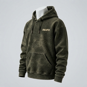 Sweat-shirt à capuche personnalisé vert olive délavé avec logo brodé pour homme, style streetwear - Product Image 4