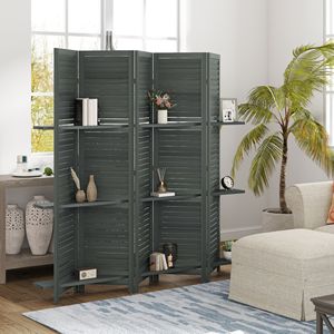 Divisorio Artigianale in Legno a 5 Pannelli, Alto 170 cm, con 3 Ripiani Pieghevoli per Camera da Letto, Grigio - Separatore per la Casa - Product Image 2